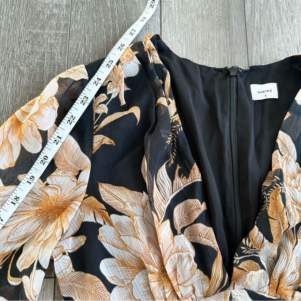 SHEIKE Plunging Neck Sheer Long Sleeve Brown Black Floral Tropical Mini Dress - Picture 14 of 15